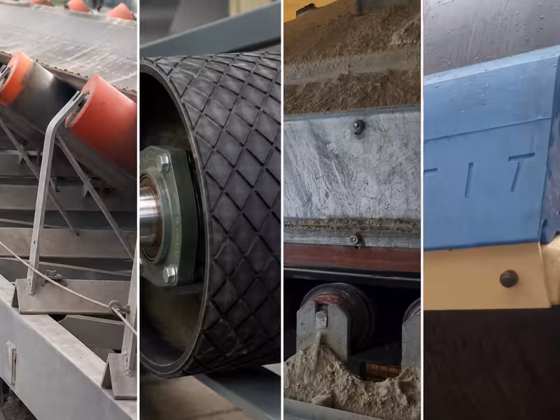 Four parts side by side: an idler, a lagged pulley, a scraper blade and a skirt seal. This is what they look like in real life.